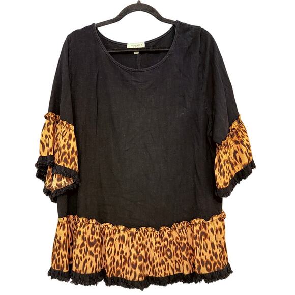 Umgee Linen Blend Animal Print Bell Sleeve Top Black Flowy 1X Ruffle - Picture 6 of 9